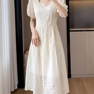 TEMU 프렌치 스타일 여성 자수 스쿼어넥 드레스 - 허리 타이, A라인 미디 길이, 통기성 짧은 소매, 세탁 가능 솔리드 컬러 우아한 오피스 & 캐주얼 웨어, 페티트 사이즈용 정교한 자수 블라우스|반팔블라우스