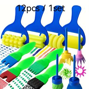 TEMU 12-피스 아티스틱 워셔블 페인트 브러시 및 폼 롤러 세트 - 스펀지 아트 및 크래프트 용품, 사용하기 쉽고, PP 소재