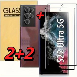 TEMU 2+2 S22 울트라 5G에 적합한 풀 커버 3D 강화 유리 스크린 보호대, 2장의 강화 유리 스크린 보호대 + 2개의 카메라 렌즈 보호대, S22 울트라 5G에 초음파 지문, 고화질 투명, 스크래치 방지, 3D 곡선 모양 커버, 버블 없는, 초고화질 명암, 부드러운 표면, 스마트폰 안전, 패션적인 외관, 지문 방지 보호 케이스