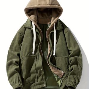 TEMU 남성용 빈티지 코듀로이 스타일 워크웨어 재킷 - 오버사이즈 릴랙스핏 후드 지퍼 코트, 스냅 버튼 & 포켓 | 가을 겨울 캐주얼 아우터웨어 (블랙/탄) - 학생 및 일상복