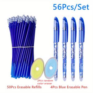 TEMU 56개/세트 지우기 가능한 젤 펜 블랙 & 블루 리필 0.5mm 볼펜 세척 가능 손잡이 학교 사무용 필기구 문구류