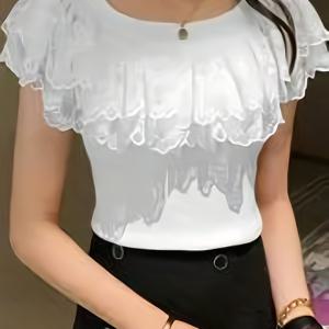 TEMU 세련된 오프숄더 레이스 트림 탑 - 양방향 착용, 슬림핏 여름 블라우스, 백색 폴리에스터 블렌드 여성용, 다용도 니트웨어 | 오프숄더 탑 | 질감