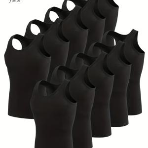 TEMU 윤테 남성용 폴리에스터 탱크탑 10장 팩 - 100% 폴리에스터 통기성 빠른 건조 운동용 탱크, 단색 크루넥 탱크탑, 달리기 및 운동용, 편안한 니트 원단, 봄에서 가을까지 스포츠웨어, 십 대 및 성인용 일반 핏