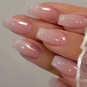 TEMU 24개 발레관 코핀 프레스온 네일, 롱 길이, 그라데이션 핑크 글리터, 광택 마감, 사전 디자인된 손톱 팁, 쉬운 적용, 세련된 INS 스타일 네일 아트