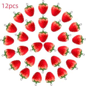 TEMU 12개 세련된 3D 빨간 딸기 레진 장식 - 녹색 잎이 있는 현실적인 과일 디자인, DIY 보석 만들기에 완벽한 목걸이, 귀걸이, 팔찌, 보석 만들기 용품|현실적인 과일 디자인| 내구성 있는 레진 장식, 딸기 보석