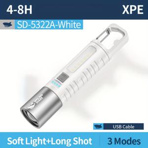 TEMU 1개 XPE 플래시라이트, SMILING SHARK SD5322 COB 토치 라이트, 줌 가능, Type-C 충전식, 3가지 모드, 배터리 전원 표시등 포함, 후크 디자인, 야외 캠핑 및 하이킹에 적합한 포켓 사이즈