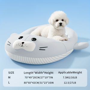 TEMU 씰 모양 냉각 개침대 & 고양이 둥지 - 통기성 사계절용 애완동물 매트, 소형/중형 강아지와 고양이를 위한 내구성 폴리에스터 켄넬, 그레이 카툰 디자인 실내 쿨링 패드, 고품질 원단