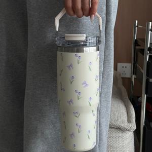 TEMU 1pc 900ml/33.44oz 나비 튤립 시리즈 절연 컵, 절연 컵, 대용량 자동차 컵, 손잡이와 빨대가 있는 물병, 이중 마시는 입, 여행 및 야외 컵, 체육관 및 야외 스포츠 컵, 평평한 컵, 겨울 및 여름 음료 용기, 휴일 선물|트래블보틀