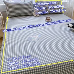 TEMU 3개 플레드 프린트 침구 세트, 통기성 폴리에스테르 피팅 시트와 베개 커버 2개, 올 시즌 편안함, 세탁기 세탁 가능, 액티브 프린팅, 샌딩 장인 정신, 80-85gsm - 블루 체크 무늬 디자인