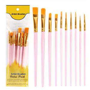 TEMU 10pcs 페인트 브러쉬 세트 페인트 브러시 아크릴 페인팅을위한 나일론 라운드 지적 플랫 헤드 오일 수채화 캔버스 보드 전문 아크릴 페인트 브러쉬 학생용 10 세트 다양한 지적 팁