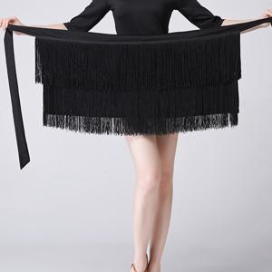 TEMU 블랙 술 트림 힙 랩 스커트, 1pc 비대칭 밑단 라틴 탱고 발레 댄스 쇼트 스커트, 여성 의류|댄스복