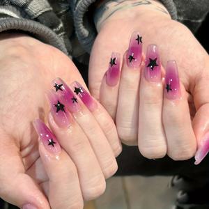 TEMU 24pcs 우아한 보라색 그라디언트 가짜 손톱, 블랙 스타 디자인으로 손톱에 프렌치 블러쉬 프레스, 손톱에 광택 접착제 여자 여자를위한 전체 커버 긴 관 발레 거짓 손톱