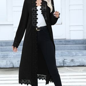 TEMU 여성용 우아한 긴팔 가디건, 레이스 트림 - 가을과 겨울을 위한 단색 라운드 넥 스웨터, 캐주얼에서 정장까지 다용도로 착용할 수 있는 올시즌 가디건 | 라운드 넥 스웨터 | 텍스처