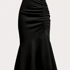TEMU 여성용 우아한 머메이드 스커트 - 주름 허리 & 플레어 헴, 솔리드 컬러 화이트 올시즌 펜슬 스커트 (오피스, 데이트나이트, 캐주얼 웨어) - 맞춤형 핏 & 쉬운 스타일링, 클래식 디자인, 고품질 재봉, 세련된 여성