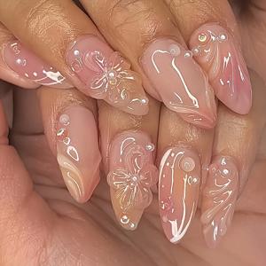 TEMU 무료 젤리 글루 및 네일 파일 1개, 유럽 스타일 프레스온 네일 24개 세트 - 멋진 스위트 쿨 3D 물방울 꽃 반짝이는 아몬드 모양 짧은 인조 손톱 여성 선물용