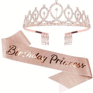 TEMU 2개 생일 공주 왕관과 사시 파티 팩 키트, 공주 파티 장식용 글리터 사시가 있는 생일 왕관, 여성 생일 축하 액세서리 선물, 할로윈, 크리스마스 이벤트 및 파티 용품