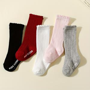 TEMU 어린이용 여름용 허벅지까지 오는 양말 5켤레 세트 - 통기성 메쉬, 미끄럼 방지, 모기 방지, 리브드 커프스와 '어린이 양말' 문구 - 검정, 빨강, 분홍, 흰색 - 손세탁 전용
