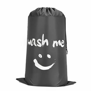 TEMU 1개 대형 여행 세탁 가방 'Wash Me' 프린트 - 옷, 수건 및 침구용 내구성 있는 패브릭 정리함 - 블랙 & 터키석 옵션 - 캠핑, 호텔 및 여행 필수품에 적합, 기분 좋은 디자인, 끈으로 조이는 클로저