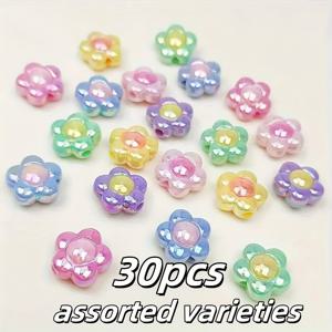 TEMU 30pcs DIY 보석 만들기용 아크릴 꽃 비즈 - 핑크, 노란색, 녹색, 파란색 및 보라색으로 다양한 색상 - 귀걸이, 목걸이, 팔찌, 열쇠고리 및 휴대전화 장식에 적합 - DIY 보석 만들기 용품, 보석 만들기 액세서리, 공예 비즈, 생동감 있는 비즈 정렬, 아크릴 비즈