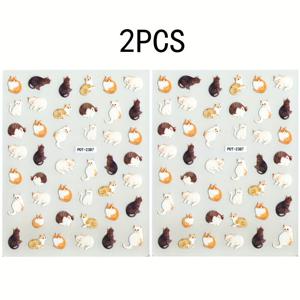 TEMU 2개 세트 귀여운 고양이 네일 아트 스티커 - 반짝이는 표면과 불규칙한 모양의 자체 접착 플라스틱 네일 장식, 화이트 & 브라운 고양이 디자인 여성용 DIY 살롱, 일회용 동물 테마 네일 아트 용품, 매니큐어 전문가를 위한 고양이 테마 네일 스티커