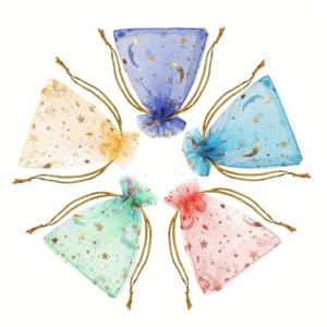 TEMU 100개 선물 봉투, 7x9cm 달 별 오간자 메쉬 지퍼백 드로스트링 주얼리 파우치 크리스마스 캔디 백 웨딩 파티용