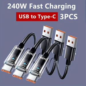 TEMU 3개 초고속 충전 Type-C 240W 브레이디드 투명 LED 데이터 케이블, 화웨이 & 샤오미 호환
