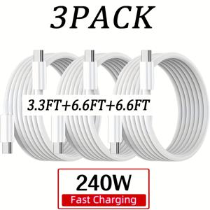 TEMU 3개 세트 화이트 240W 고속 충전 USB C to USB C 케이블 - 3.3ft + 3.3ft + 6.6ft 또는 3.3ft + 6.6ft + 6.6ft, 아이폰 16/15 프로 맥스 플러스/16E & 아이패드 에어/프로 호환