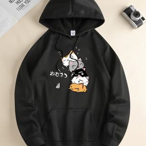 TEMU 애니 캣츠 앤 마우스 프린트 후드티, 남성용 후드티, 봄 가을 캥거루 포켓 포함 남성 캐주얼 풀오버 후드 맨투맨, 선물용