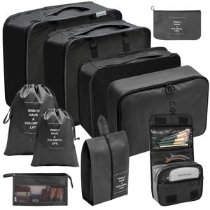 TEMU 여행용 정리 세트 10pcs - 캐리어, 옷, 신발 보관 가방과 메이크업·화장품 파우치 포함 (솔리드 컬러) 남녀 공용 심플 디자인