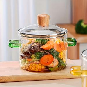 TEMU 52oz 보로실리케이트 유리 냄비, 녹색 손잡이 - 내열성, 투명한 수프 & 죽 조리기 뚜껑 포함, 파스타 및 기타 다용도 주방용품