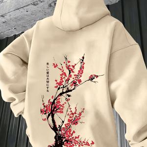TEMU 남성 캐주얼 프렌치 테리 후드티, 플로럴 프린트 및 레터링, 비스트레치 니트 원단, 포켓이 있는 루즈핏, 후드 칼라 - 가을/겨울 필수 풀오버 스웨트셔츠
