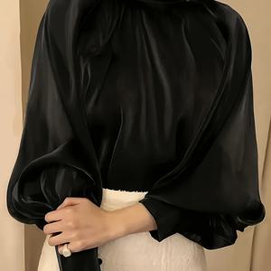 TEMU 우아한 하이넥 새틴 블라우스 퍼프 소매 - 루즈핏 긴팔 버튼업 셔츠, 솔리드 블랙 100% 폴리에스터, 중동 스타일 디자인 여성용, 사계절 활용 가능한 탑