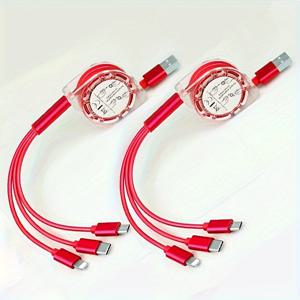 TEMU 2개입 3-in-1 멀티퍼포즈 고속충전 케이블 - Lightning, Micro USB, Type-C, 아이폰/iPad/PS 콘솔/태블릿용 Pd 고속충전기, 수납식 USB 고속충전선, 데이터&파워딜리버리 케이블, 꼬임방지 평면 디자인, 알루미늄강화형, 테크노러브 & 게이머를 위한 제품
