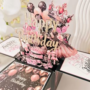 TEMU 1pc 우아한 3D 생일 카드 - 나비와 꽃 디자인, 레이저 컷 종이, 검은색과 분홍색 풍선, 누구에게나 적합 - 이상적인 데이 또는 생일 기념식 초대장
