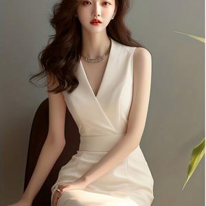 TEMU 2025 여름 소형 프래그런스 화이트 수트 드레스 - 고급 오프숄더 슬리브리스 베스트 롱 스커트, 세련된 우아한 커뮤터 패션 인스타 유명인 휴가 파티 다용도 허리조임 드레스|나시원피스|민소매원피스|가을원피스