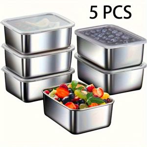 TEMU 스테인리스 식품보관용기 5pcs - 재사용 가능한 쌓기 형태, 밀폐 & 누수방지, 긁힘 & 녹 방지, 공간절약형 냉장고 정리함 (고기/과일/채소/팬트리/남은 음식) - BPA-Free, 설거지 안전, meal prep & 주방 정리에 이상적