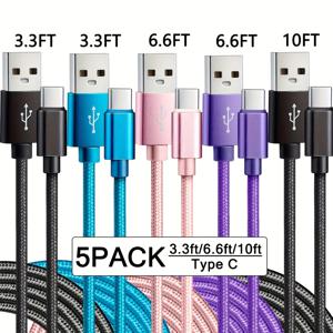 TEMU 3개/5개 고속 충전 케이블, USB A to USB C 나일론 브레이디드 고속 데이터 동기화 코드 3.3ft/6.6ft/10ft USB-C 타입 C 고속 충전 케이블 삼성/구글/픽셀/LG/Sony/Oppo/Moto 및 기타 기기용|C타입충전기