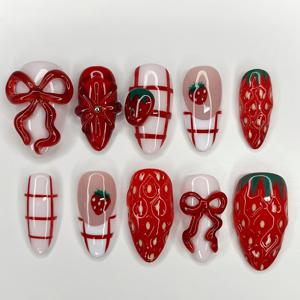 TEMU 10pcs 손수 3D 아몬드 프레스온 네일 스트로베리 & 체크무늬 패턴 - 재사용 가능한 풀 커버지 네일 여성용, 글로시 핏, 혼합 색상, 일상 착용 & 특수 행사, 귀여운 네일, 패션 네일 액세서리, 장식 프레스온