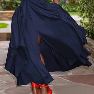 TEMU 우아한 네이비 블루 맥시 스커트, 허리 끈 포함 - 흐르는 A라인 디자인, 고품질 폴리에스터, 세탁기 사용 가능, 봄 & 가을에 완벽, 여성 패션
