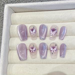 TEMU 보라색 발레 짧은 프레스 온 네일, 골드 호일 나비 디자인, 광택 마감 동물 패턴 인공 네일 팁 세트 - 쉽게 적용 가능한 탈착식 네일 키트