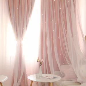 TEMU 2pcs 우아한 유럽을 모티브로 한 핑크 투명 커튼, 구멍이 있는 별 디자인 - 방수, 두꺼운 원단, 침실 및 거실 장식용, 기계 세탁 가능, 폴리에스터, 거실용 커튼