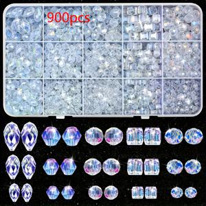 TEMU AB 유리 비즈 세트, 혼합 크기 4-13mm, 보관 상자 포함 - DIY 쥬얼리, 팔찌, 공예에 이상적, 우아한 중공 디자인, 전원 필요 없음, 꽃 & 판타지 테마, 리본 & 술 장식, 유리 재질