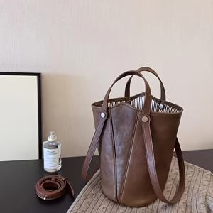 TEMU 여성용 빈티지 커피 토트 백, 단색, 탈착 가능한 스트랩, 닫힘 없음, 폴리에스터 안감, 엣지 페인트, 일상적인 통근을 위한 캐주얼 숄더 & 크로스바디 백