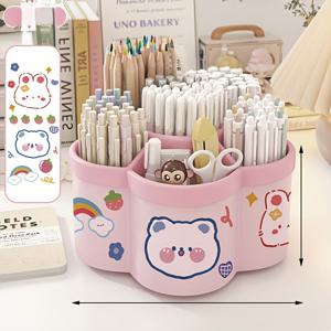 TEMU 회전식 책상 정리함, 귀여운 곰 디자인, 다용도 수납 캐디, 문구, 화장품, 립스틱, 눈썹 연필 - 내구성 있는 PP 소재, 무향, 기숙사 및 사무실 책상 정리에 이상적|눈썹펜슬