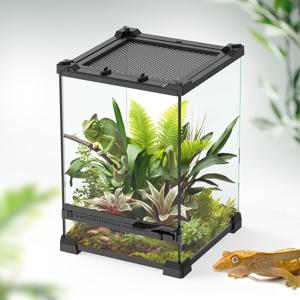 TEMU 경화 유리 파충류 테라리움, 9.84x9.84x13.78인치, 도마뱀, , 도마뱀, 뱀, 개구리, 거미를 위한 사각형 서식지, 전면 개방형 먹이 공급 디자인, 열대 우림 풍경