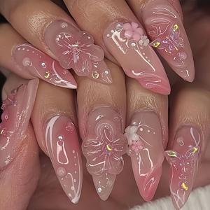 TEMU 1 세트 24pcs 핑크 글로우 알몬드 모양 중간 길이 나비 럭셔리 3D 꽃 욕망 네일 팁, 모든 여성을 위한 네일 글루와 네일 버퍼