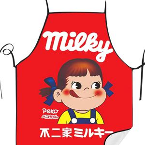 TEMU 레트로 스타일 밀키 카툰 프린트 폴리에스터 앞치마 - 민소매, 내구성 있는 주방 및 청소용 의류, 성인과 어린이 모두 사용 가능, 손세탁 또는 드라이클리닝, 화려한 그래픽이 돋보이는 레드