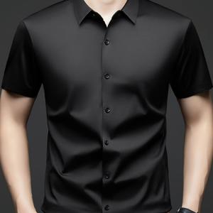 TEMU 남성용 세련된 블랙 반팔 버튼업 셔츠 - 캐주얼, 스퀘어 넥, 중간 스트레치 소재, 여름 외출, 캐주얼 의상에 완벽함|슬리크 핏 셔츠|싱글 버튼 플랙, 필수 여름 셔츠|남자셔츠