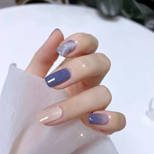 TEMU 짧은 사각형 대리석 그라데이션 디자인 블루 마블 패턴 일상용 네일 스티커 세트 24개입, 젤리 접착제 포함, 재사용 가능