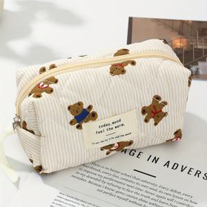 TEMU 베이지 귀여운 곰 다기능 메이크업 가방, 손잡이가 있는 여행용 화장품 보관 가방, 세탁 가방, 클러치, 펜 가방, 동전 가방, 폰 케이스를 담을 수 있는 가방, 화장실 용품, 타투 커버 스티커, 안경, 헤드폰, 크림, 속눈썹, 휴대폰, 생일 선물|타투스티커